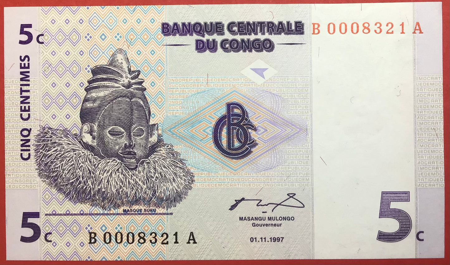Congo Democratic Republic - 5 Centimes 1.11.1997 P#81a Kvalitet 0