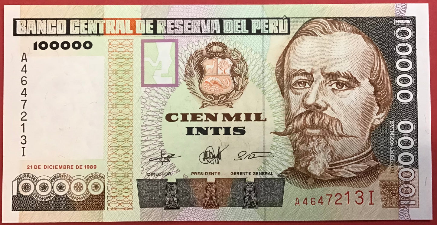 Peru - 100.000 Intis 21.12.1989 P#145 Kvalitet 0