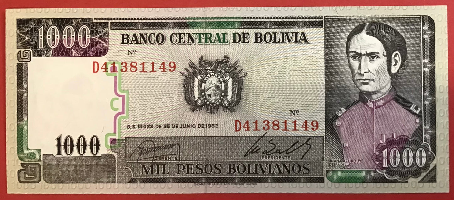 Bolivia - 1000 Pesos Bolivianos 25.6.1982 P#167a Kvalitet 0