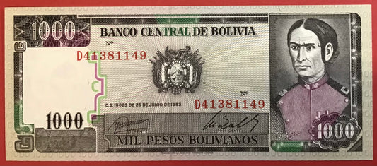 Bolivia - 1000 Pesos Bolivianos 25.6.1982 P#167a Kvalitet 0