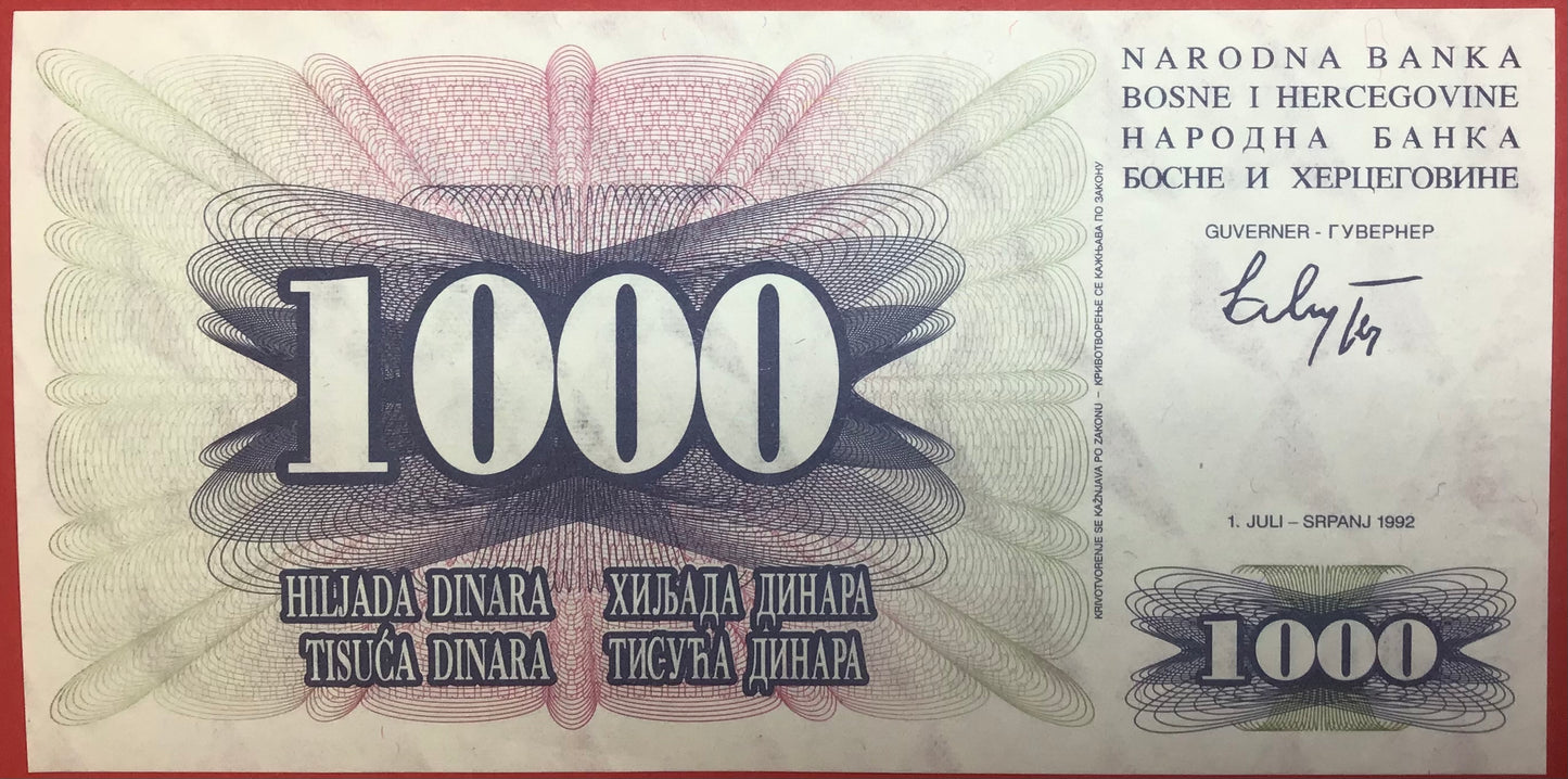 Bosnia-Herzegovina - 1000 Dinara 1.7.1992 P#15a Kvalitet 0