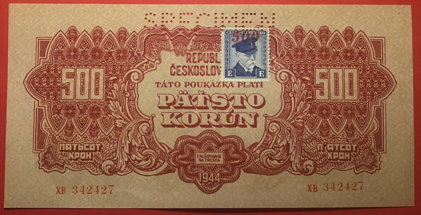 Czechoslovakia - 500 Korun (1945- Old date 1944) P#55s *Specimen* Kvalitet 01/0