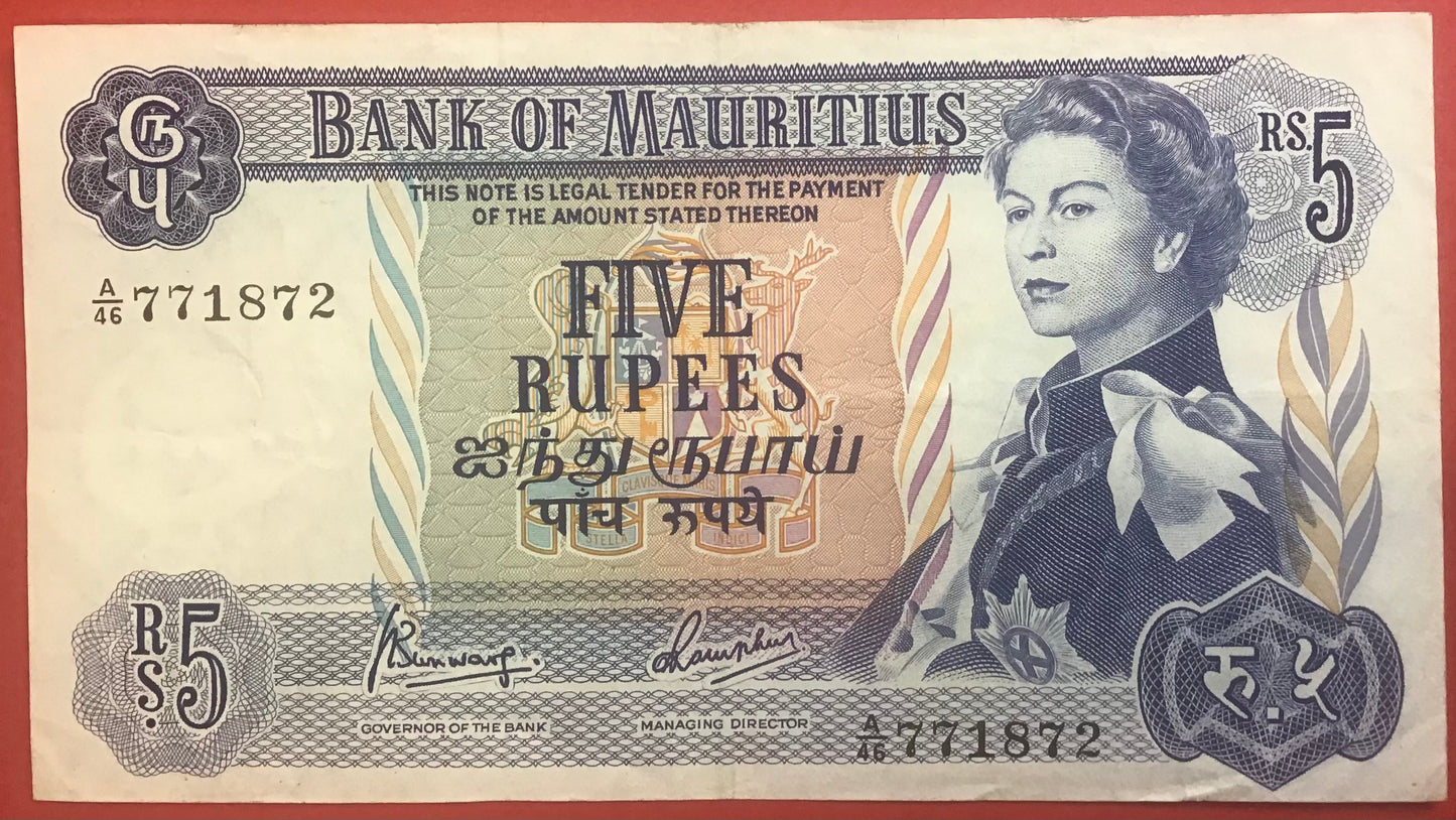 Mauritius - 5 Rupees (1967) P#30c Kvalitet 1+