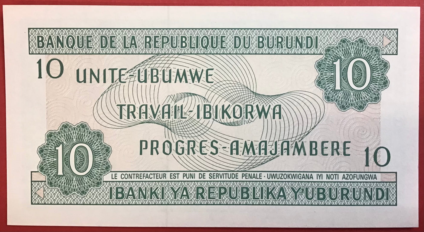 Burundi - 10 Francs 01.10.91 P#33b Kvalitet 0