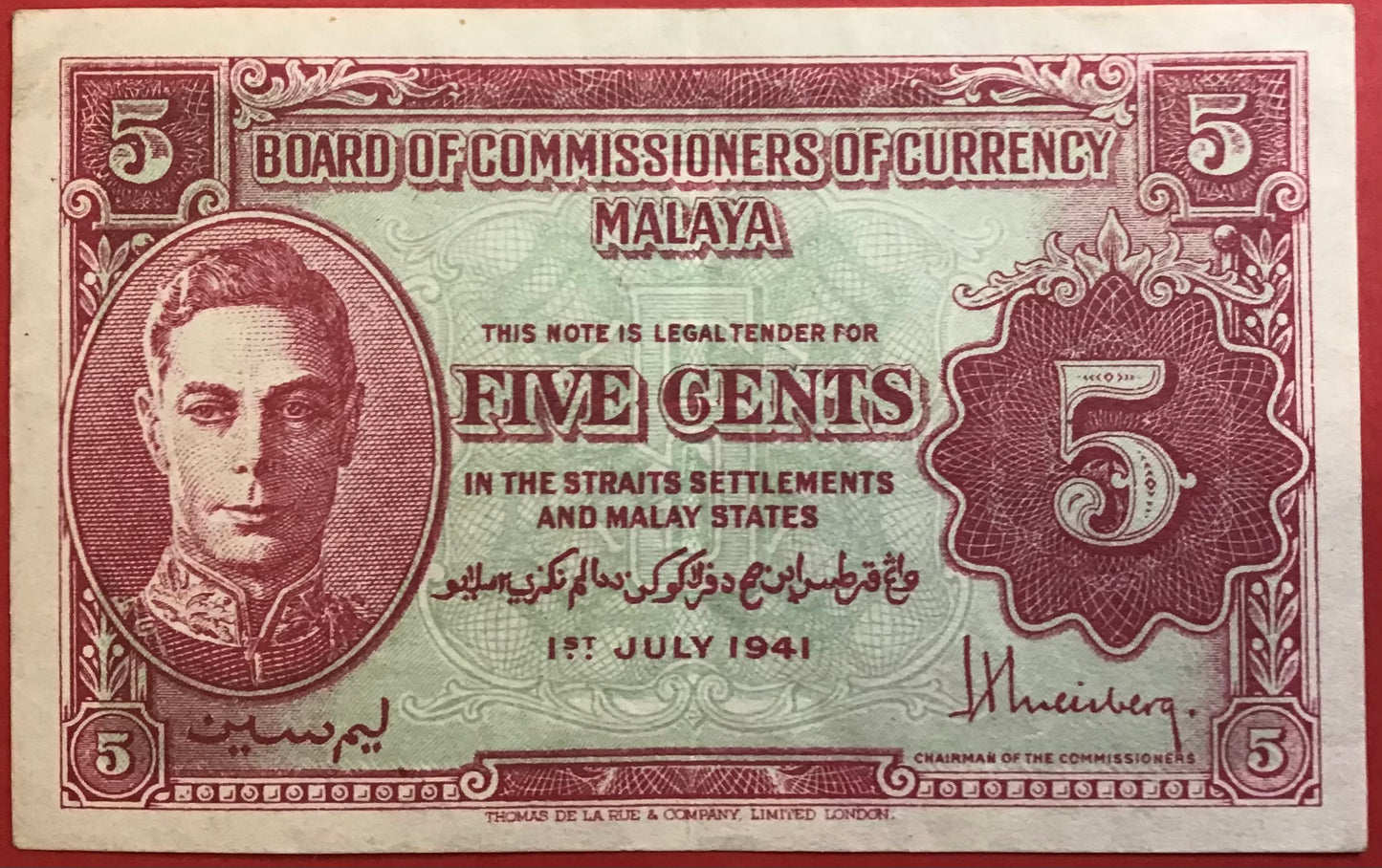 Malaya/Board Of Commissioners Of Currency - 5 Cents 1.7.1941 P#7a Kvalitet 1+/01