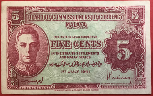 Malaya/Board Of Commissioners Of Currency - 5 Cents 1.7.1941 P#7a Kvalitet 1+/01