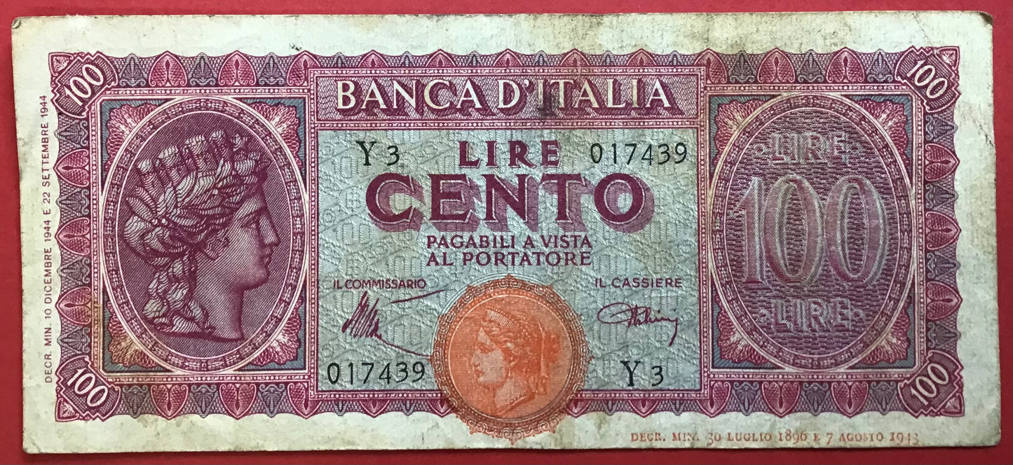 Italy - 100 Lire 10.12.1944 P#75a Kvalitet 1