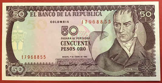 Colombia - 50 Pesos Oro 1.1.1986 P#425b Kvalitet 0