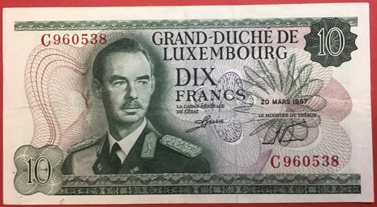 Luxembourg - 10 Francs 20.3.1967 P#53a Kvalitet 0