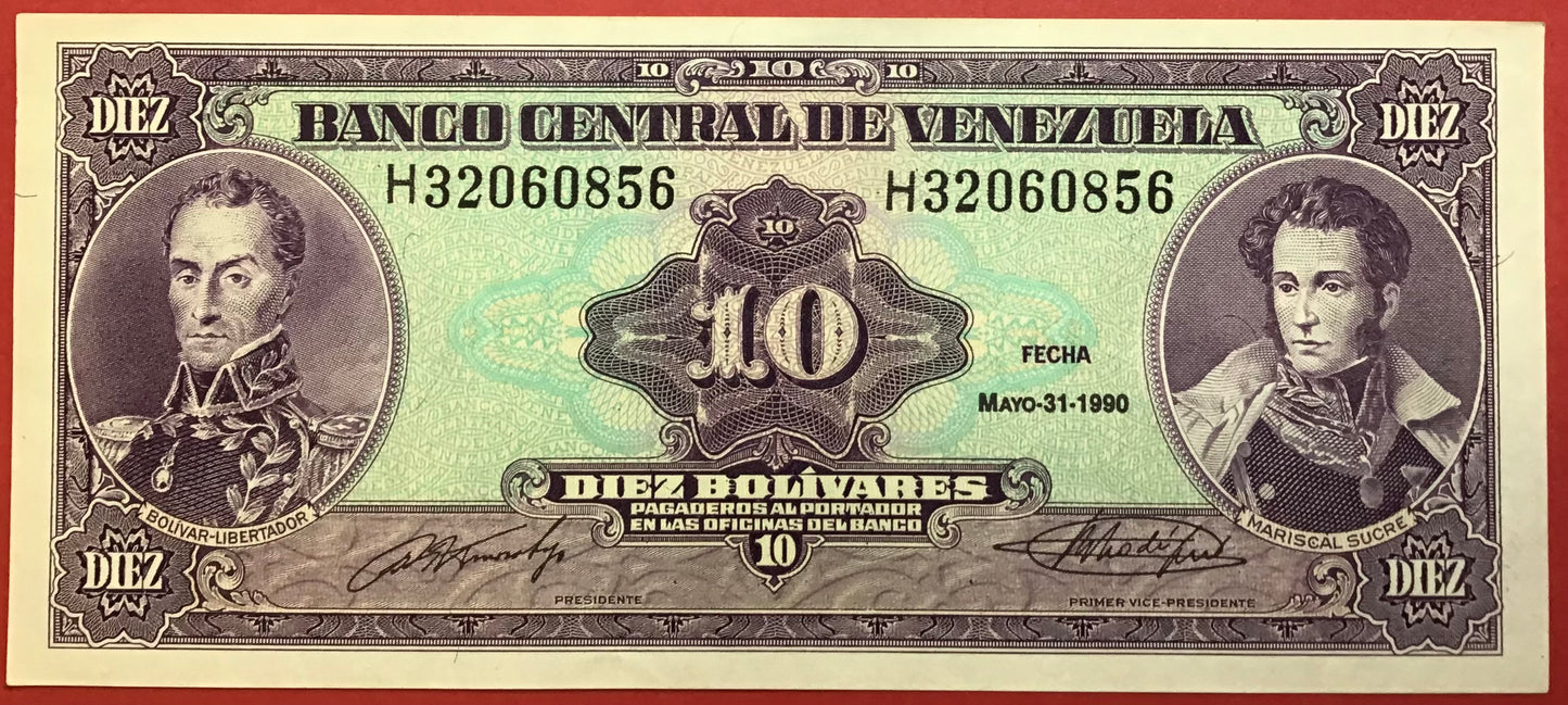 Venezuela - 10 Bolivares 31.5.1990 P#61b Kvalitet 01/0