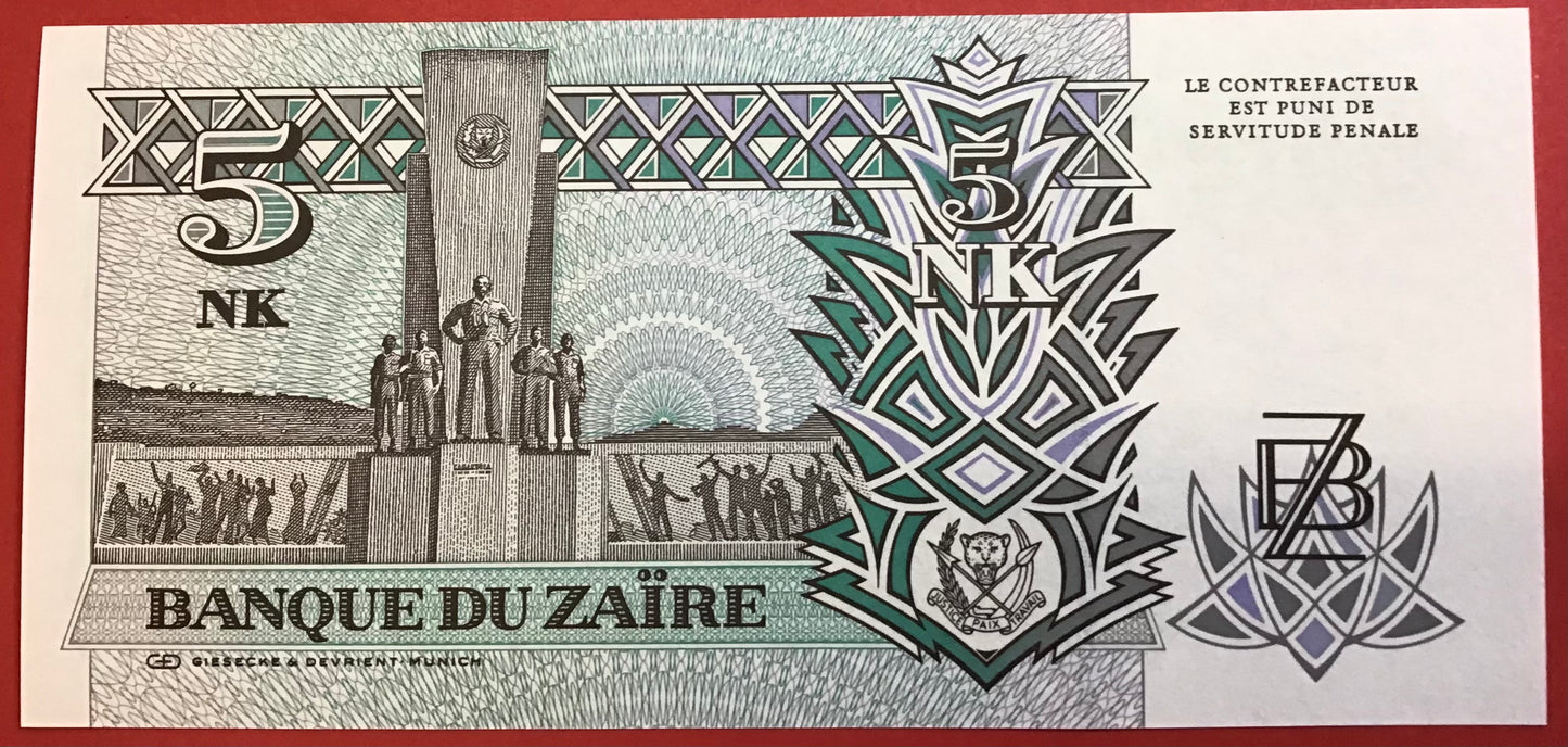 Zaïre - 5 Nouveaux Makuta 24.6.1993 P#48a Kvalitet 0