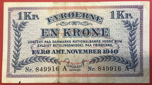 Færøerne - 1 Krone 1940 (849916A) Sieg#15 Kvalitet 1/1+