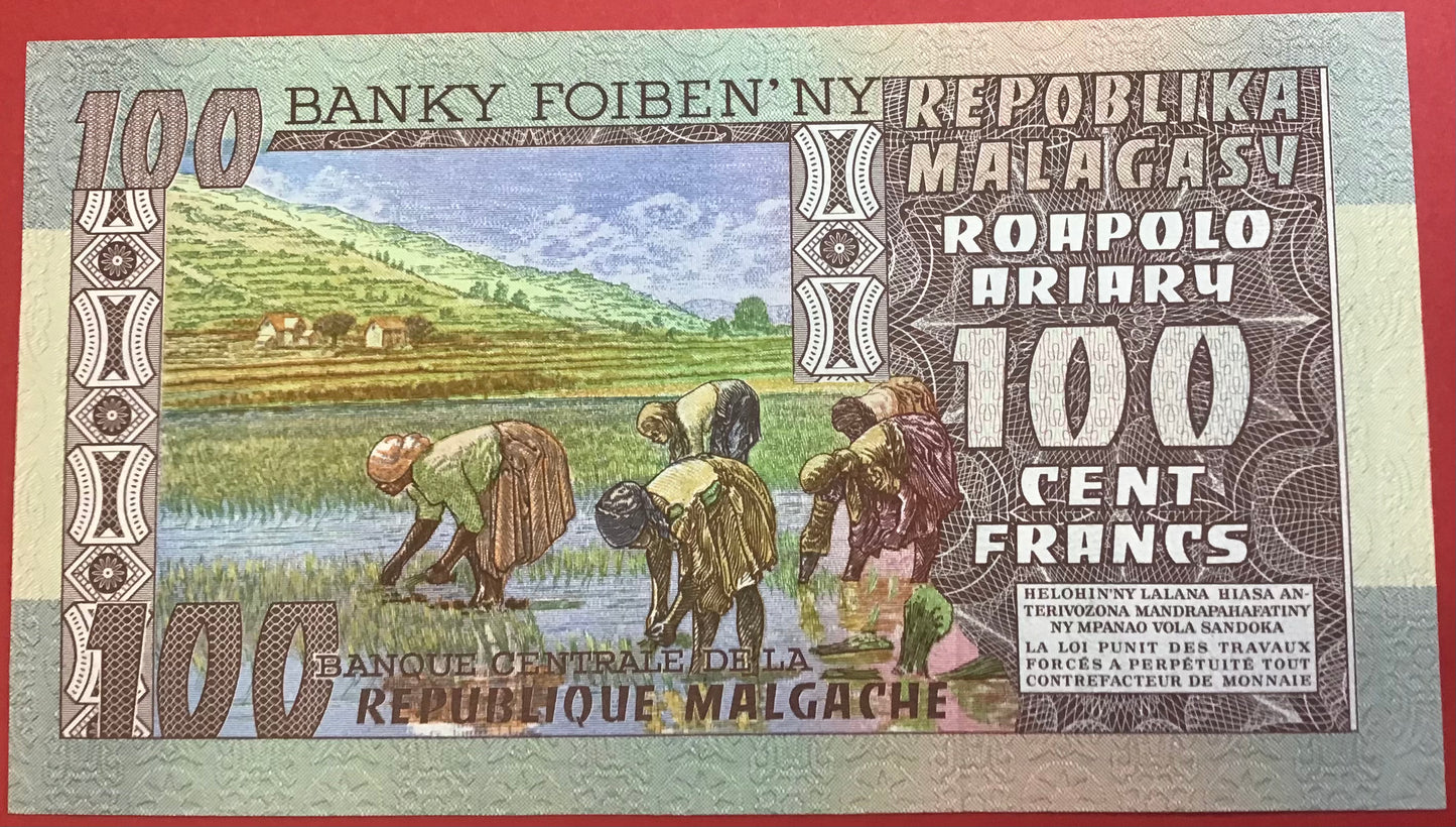 Madagascar - 100 Francs/20 Ariary (1974-75) P#63a Kvalitet 0