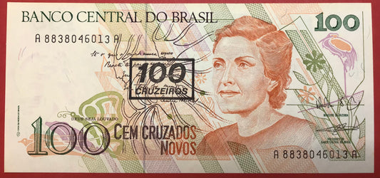 Brazil - 100 Cruzeiros on 100 Cruzados Novos (1990) P#224b Kvalitet 0