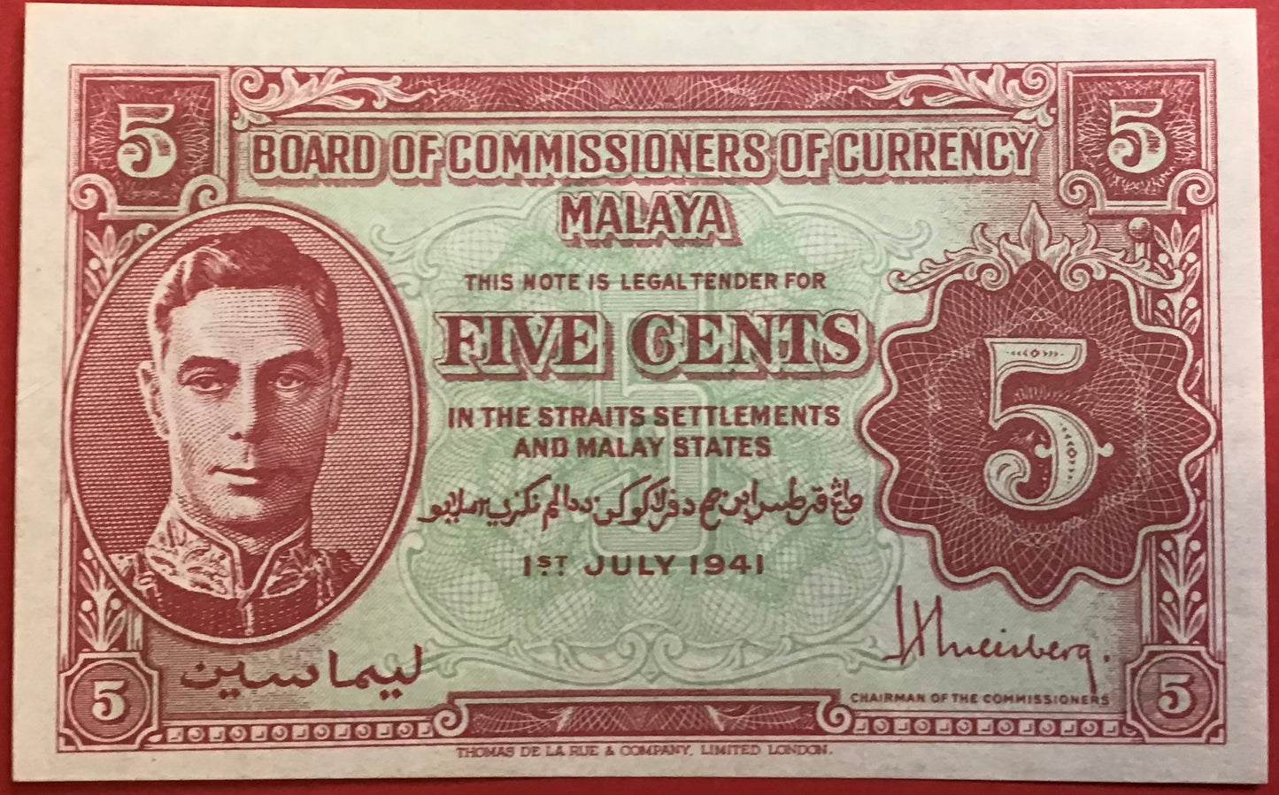 Malaya/Board Of Commissioners Of Currency - 5 Cents 1.7.1941 P#7b Kvalitet 0