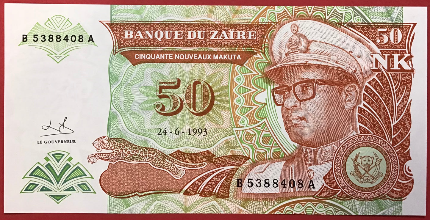 Zaïre - 50 Nouveaux Makuta 24.6.1993 P#51 Kvalitet 0