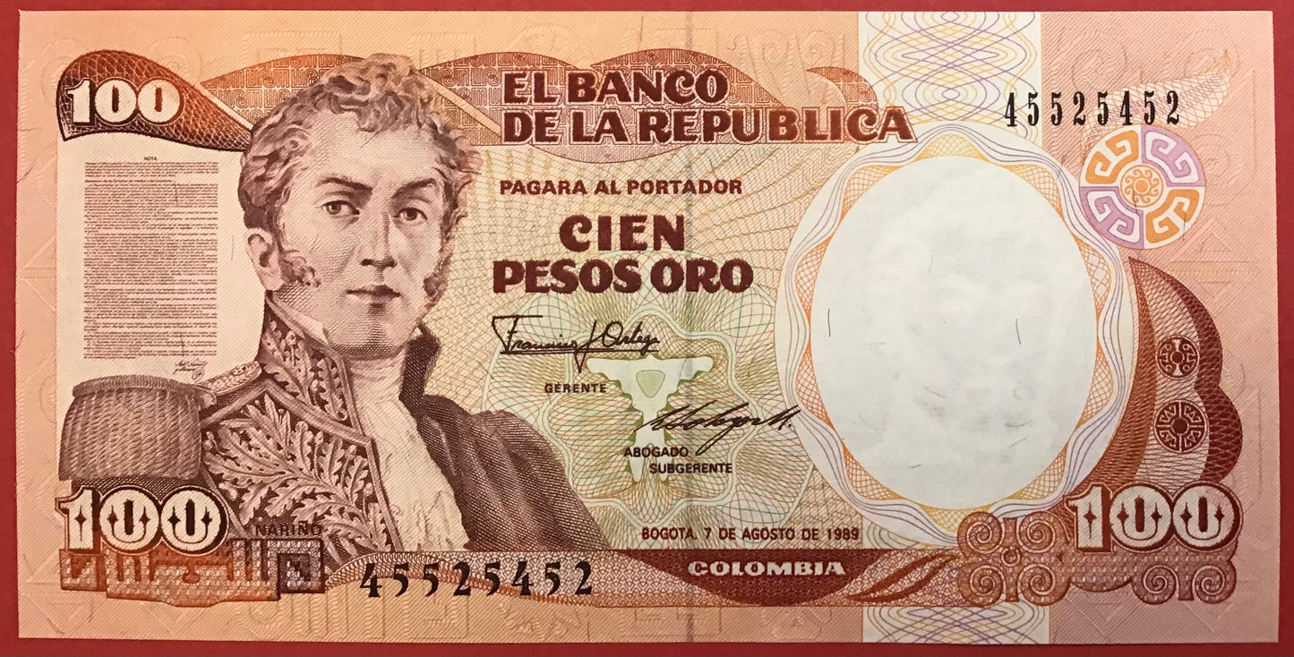 Colombia - 100 Pesos 7.8.1989 P#426d Kvalitet 0