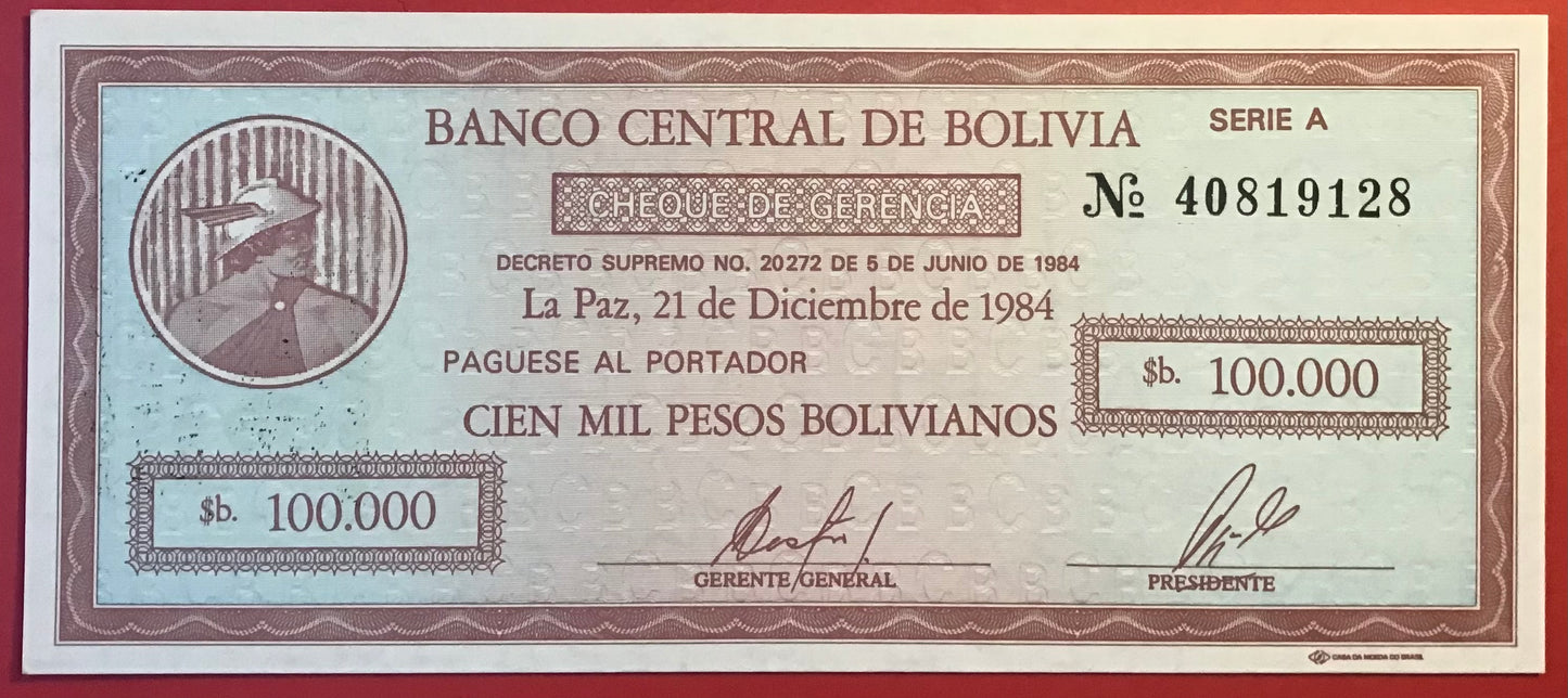 Bolivia - 10 Centavos on 100.000 Pesos Bolivianos (1987) P#197 Kvalitet 0