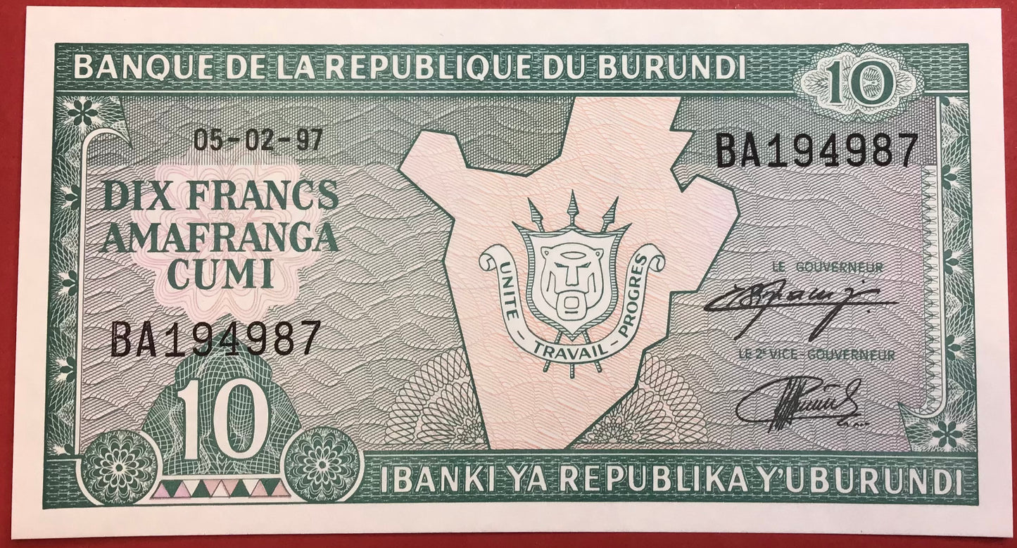 Burundi - 10 Francs 5.2.1997 P#33d Kvalitet 0