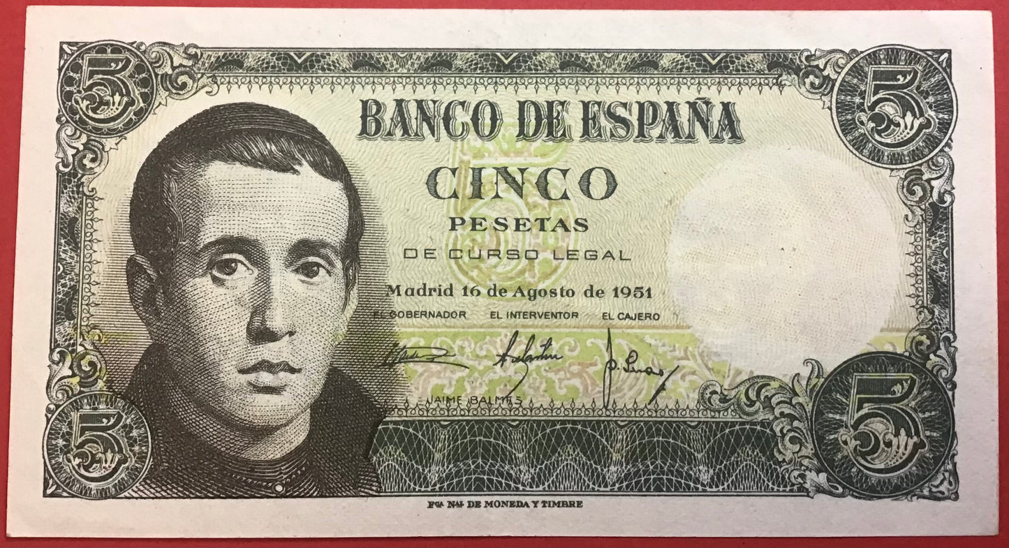 Spain - 5 Pesetas 16.8.1951 P#140a Kvalitet 01