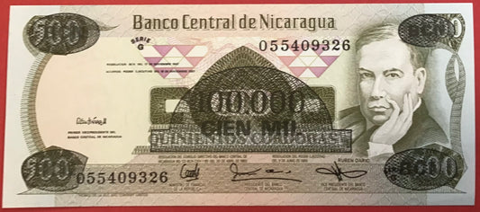 Nicaragua - 100.000 Córdobas on 500 Córdobas (1987) P#149 Kvalitet 0