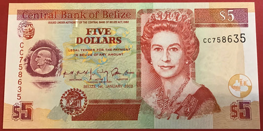 Belize - 5 Dollars 1.1.2002 P#61b Kvalitet 0