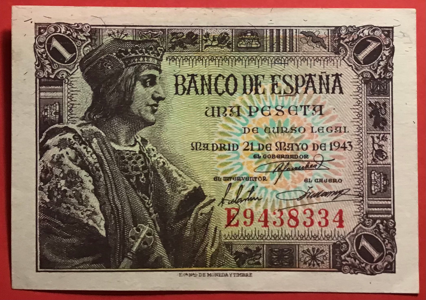 Spain - 1 Peseta 21.5.1943 P#126a Kvalitet 01