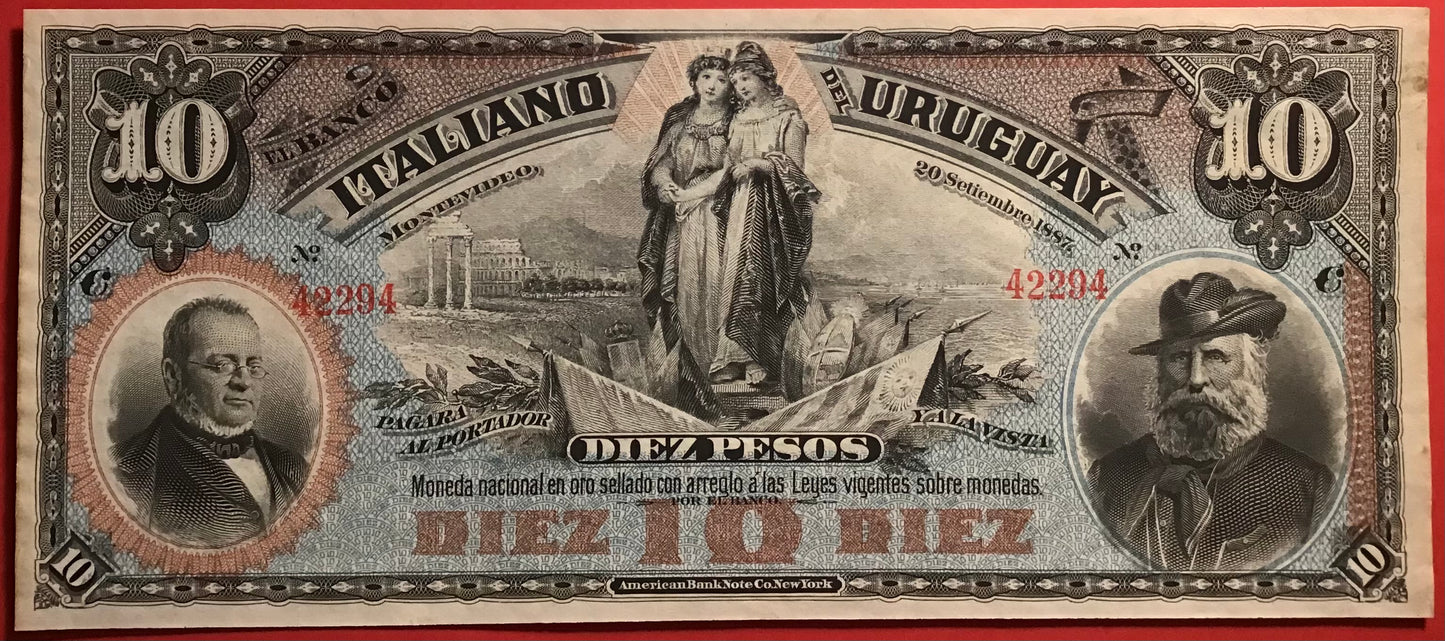 Uruguay - 10 Pesos 20.9.1887 P#S212 Kvalitet 01