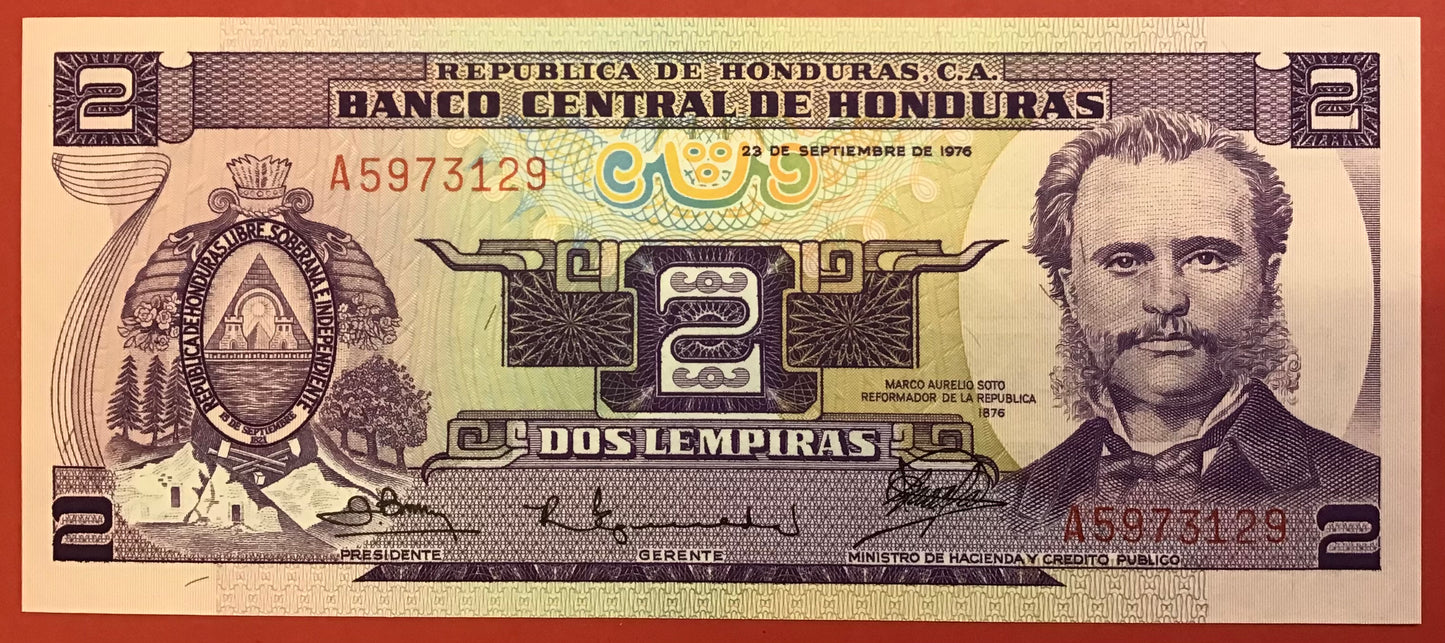 Honduras - 2 Lempiras 23.9.1976 P#61 Kvalitet 0