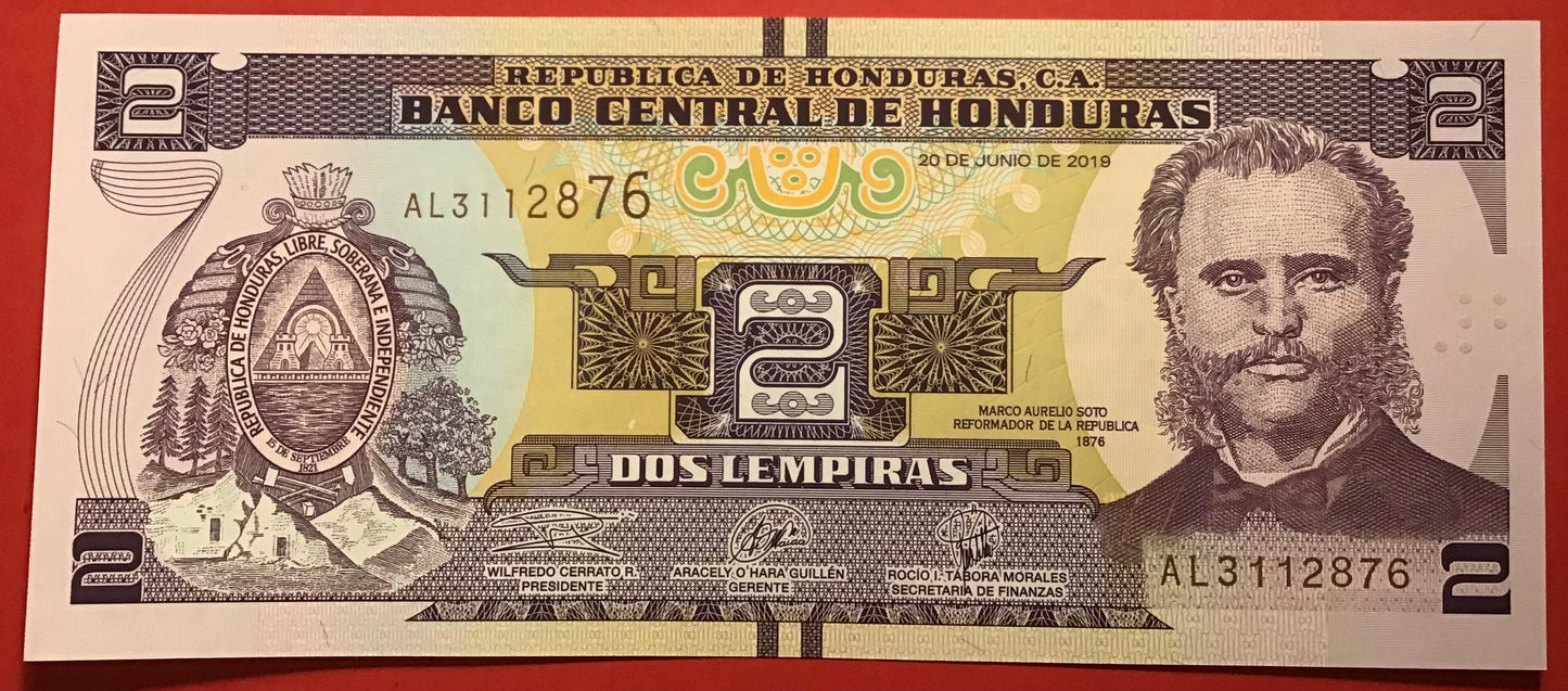Honduras - 2 Lempiras 20.6.2019 P#97 Kvalitet 0