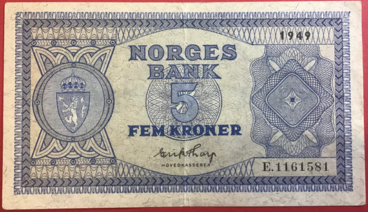 Norway - 5 Kroner 1949 P#25b Kvalitet 1+