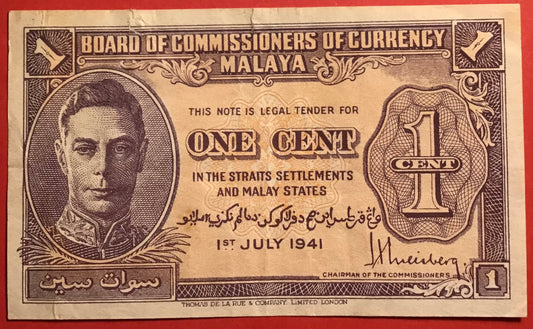 Malaya/Board Of Commissioners Of Currency - 1 Cent 1.7.1941 P#6 Kvalitet 1+