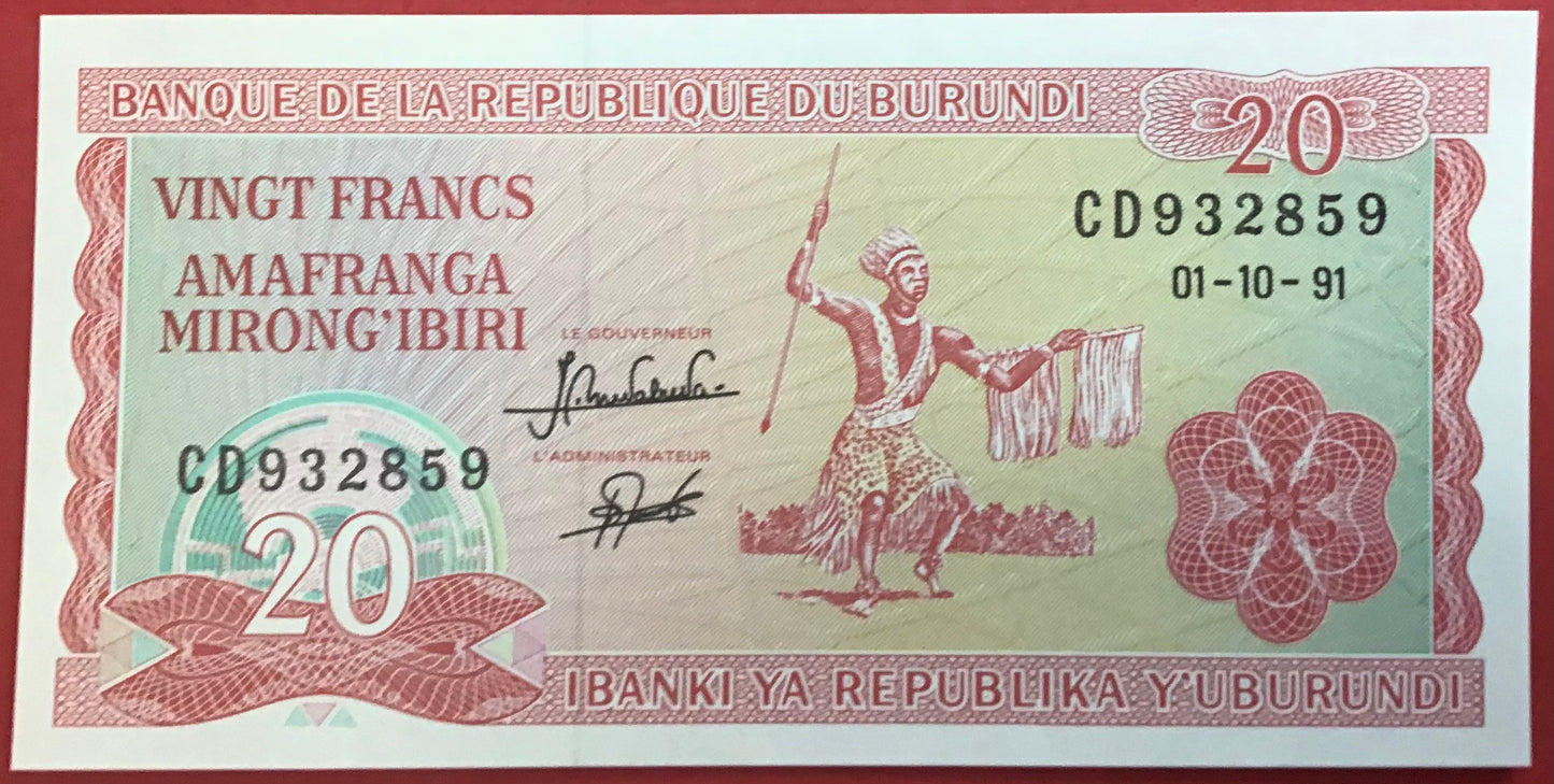 Burundi - 20 Francs 1.10.1991 P#27c Kvalitet 0