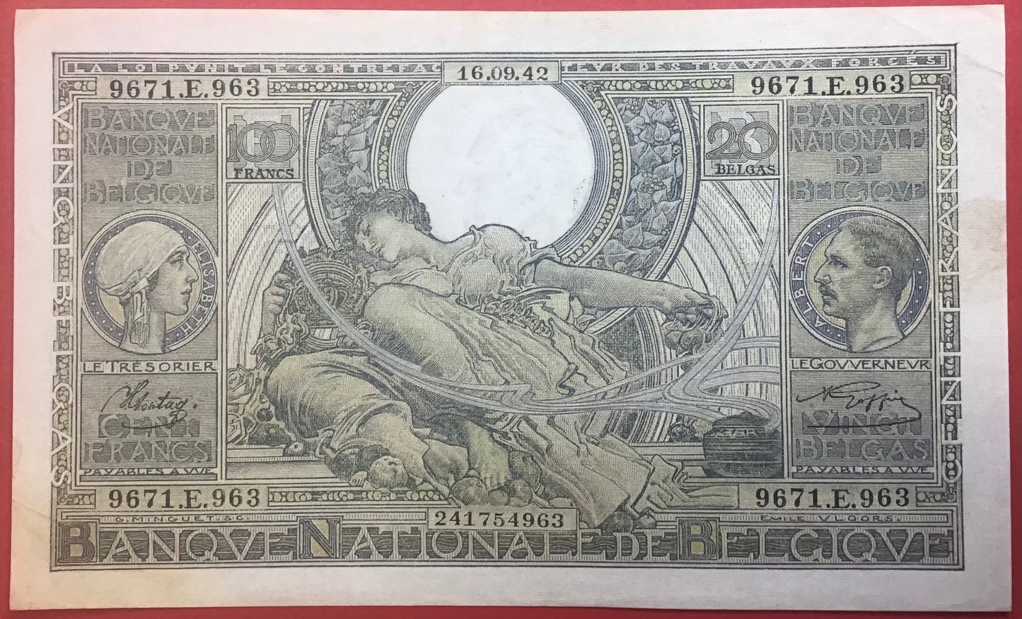 Belgium - 100 Francs/20 Bellas 16.9.1942 P#112 Kvalitet 1+