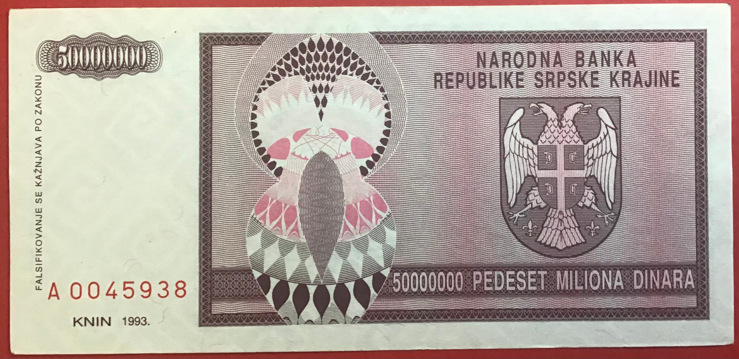 Croatia/Serbian Krajina - 50.000.000 Dinara 1993 P#R14a Kvalitet 01