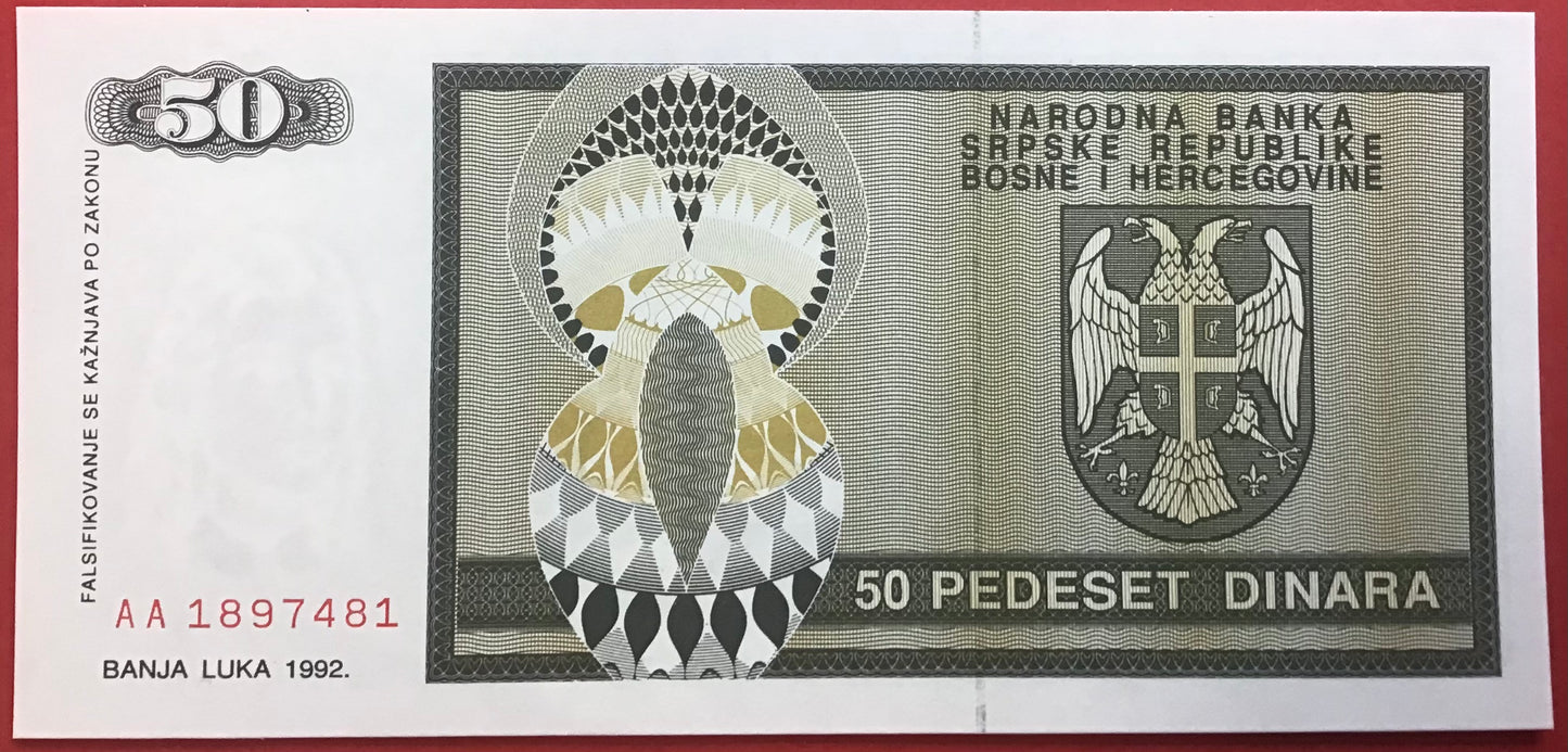 Bosnia & Herzegovina/Serbian Republic - 50 Dinara 1992 P#134 Kvalitet 0