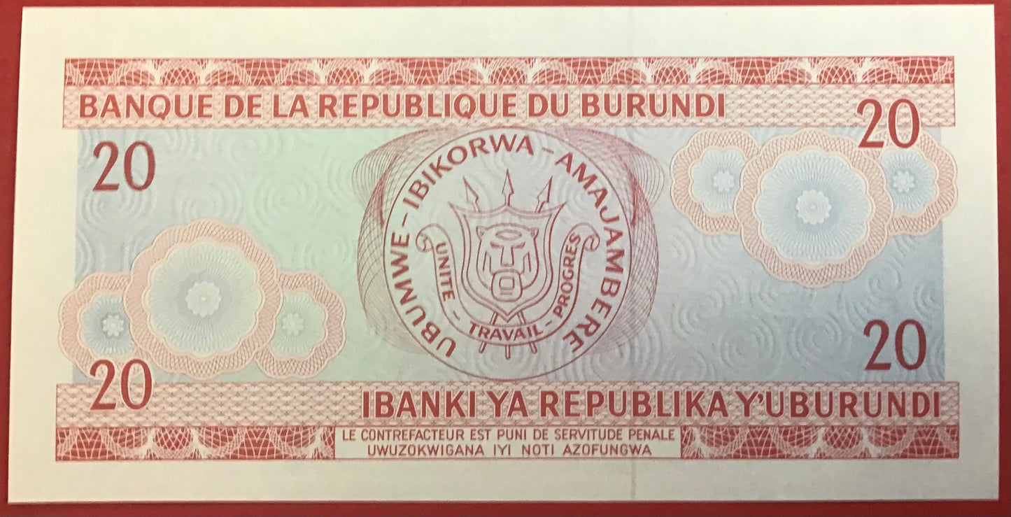 Burundi - 20 Francs 1.10.1991 P#27c Kvalitet 0