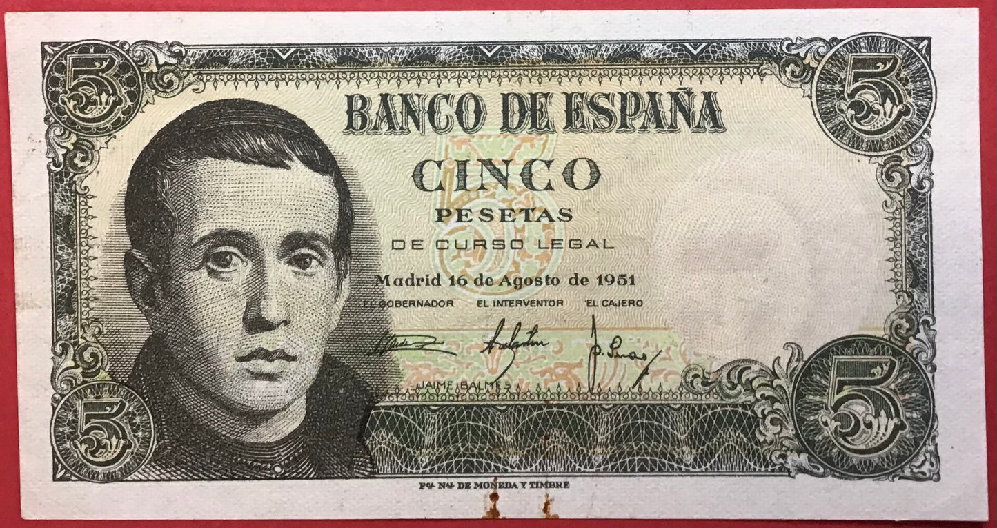 Spain - 5 Pesetas 16.8.1951 P#140a Kvalitet 01