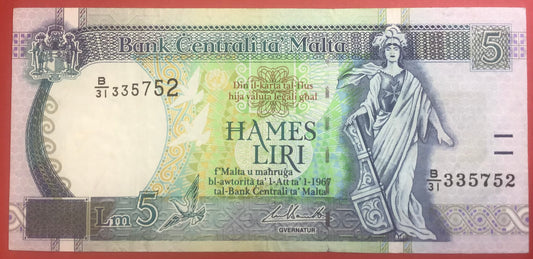 Malta - 5 Liri 1994 P#46d Kvalitet 1+