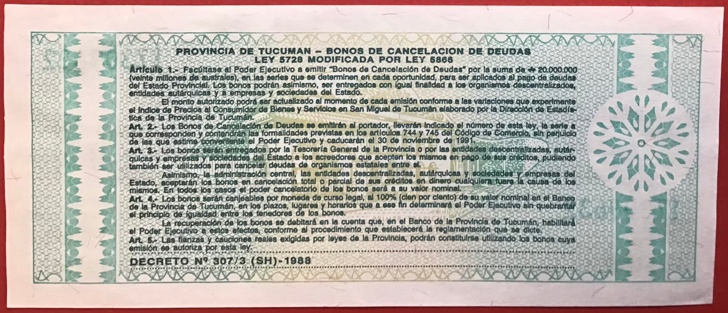 Argentina/Provincial De Tucuman - Un Austral 30.11.1991 P#S2711b Kvalitet 1+/01