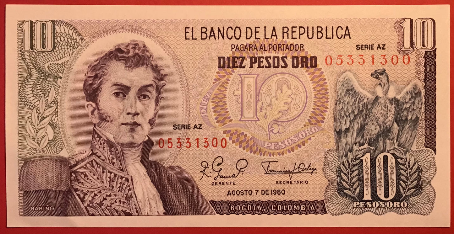 Colombia - 10 Pesos Oro 7.8.1980 P#407g Kvalitet 01