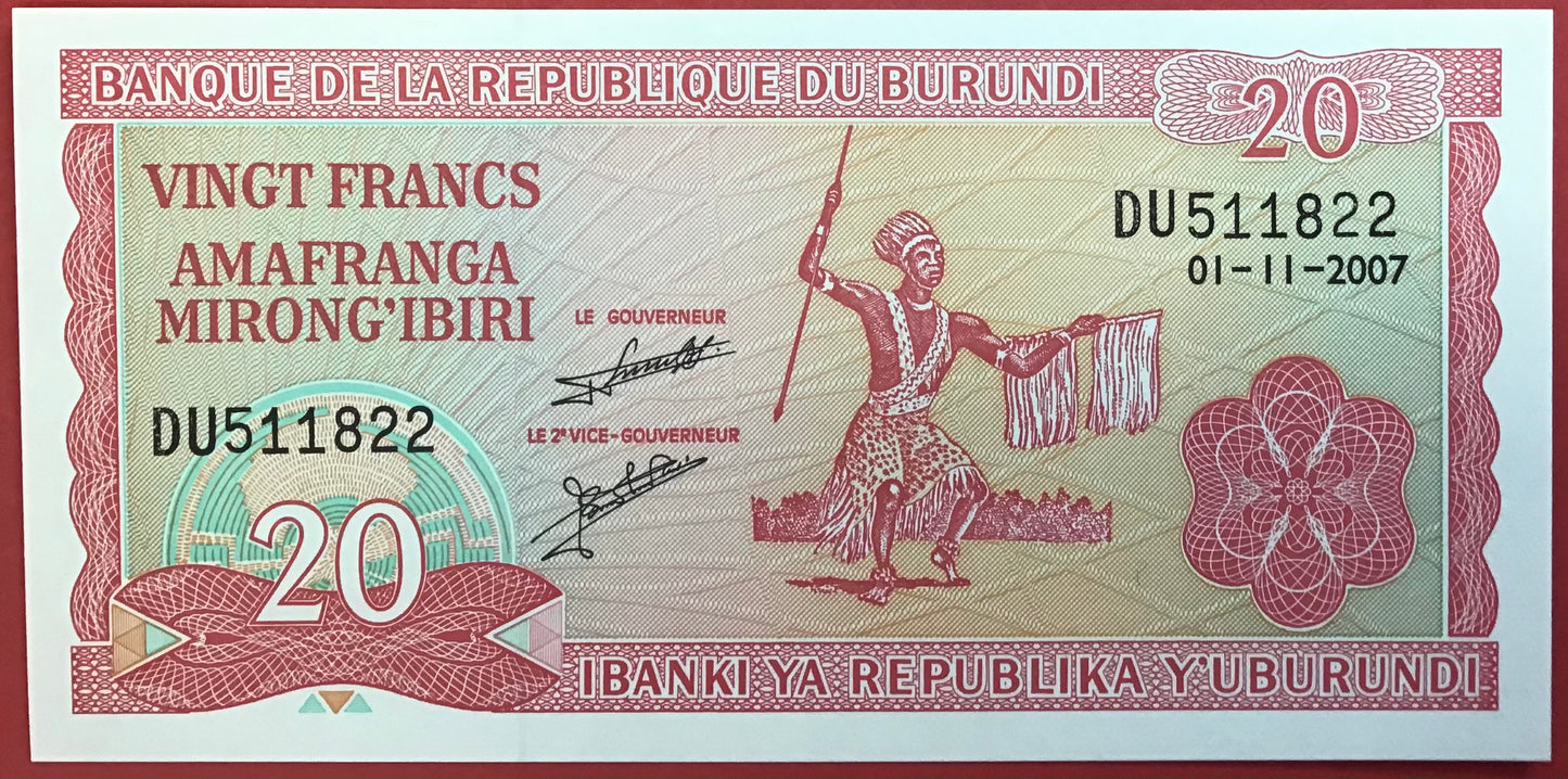 Burundi - 20 Francs 1.11.2007 P#27d Kvalitet 0