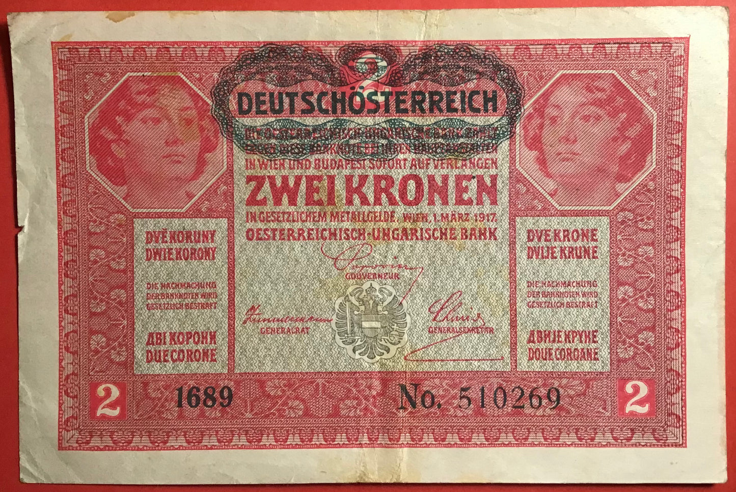 Austria - 2 Kronen (1919 - Old date 1.3.1917) P#50 Kvalitet 1+