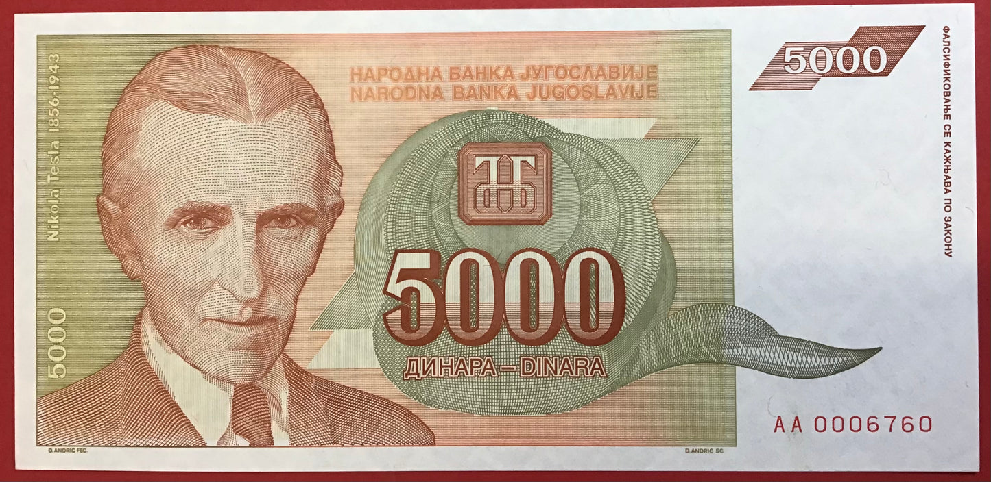 Yugoslavia - 5000 Dinara 1993 P#128 Kvalitet 0