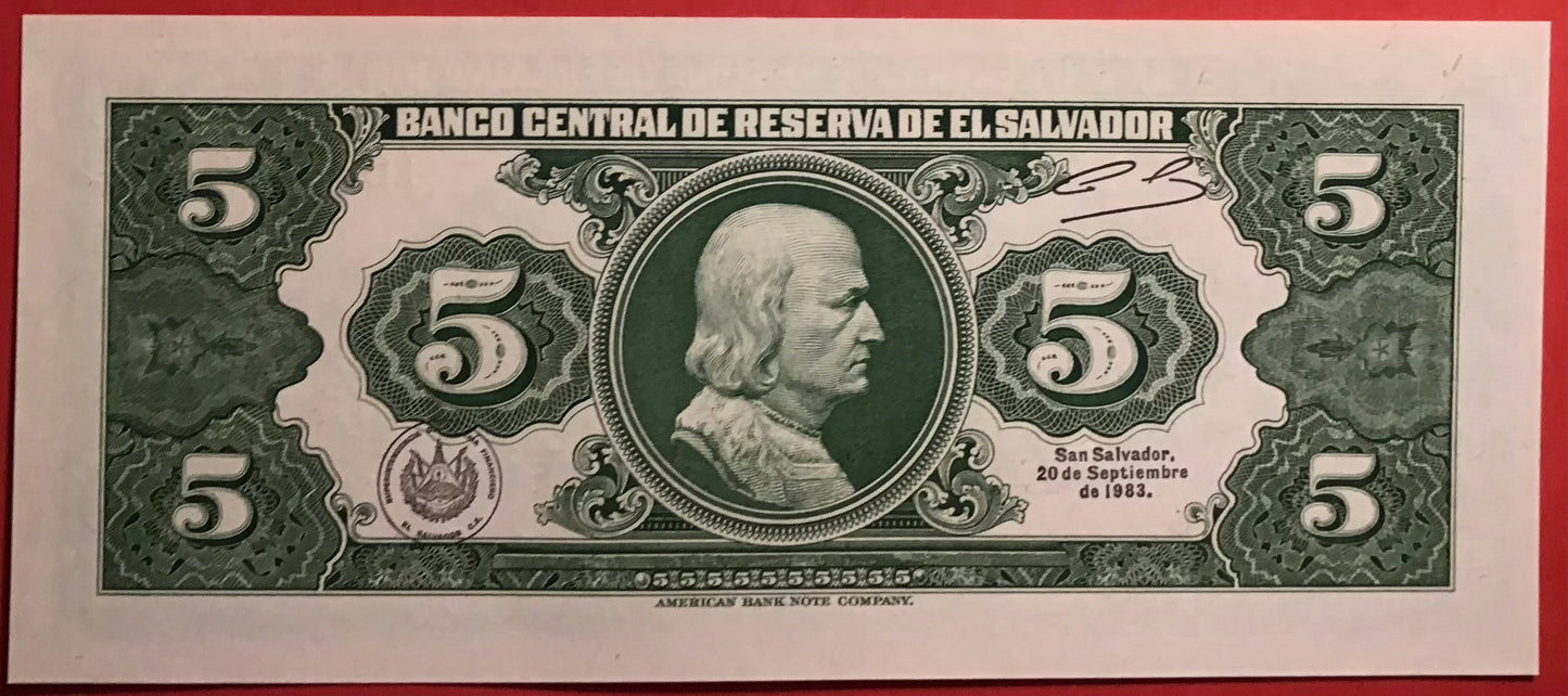 El Salvador - 5 Colones 25.8.1983 P#134a Kvalitet 0