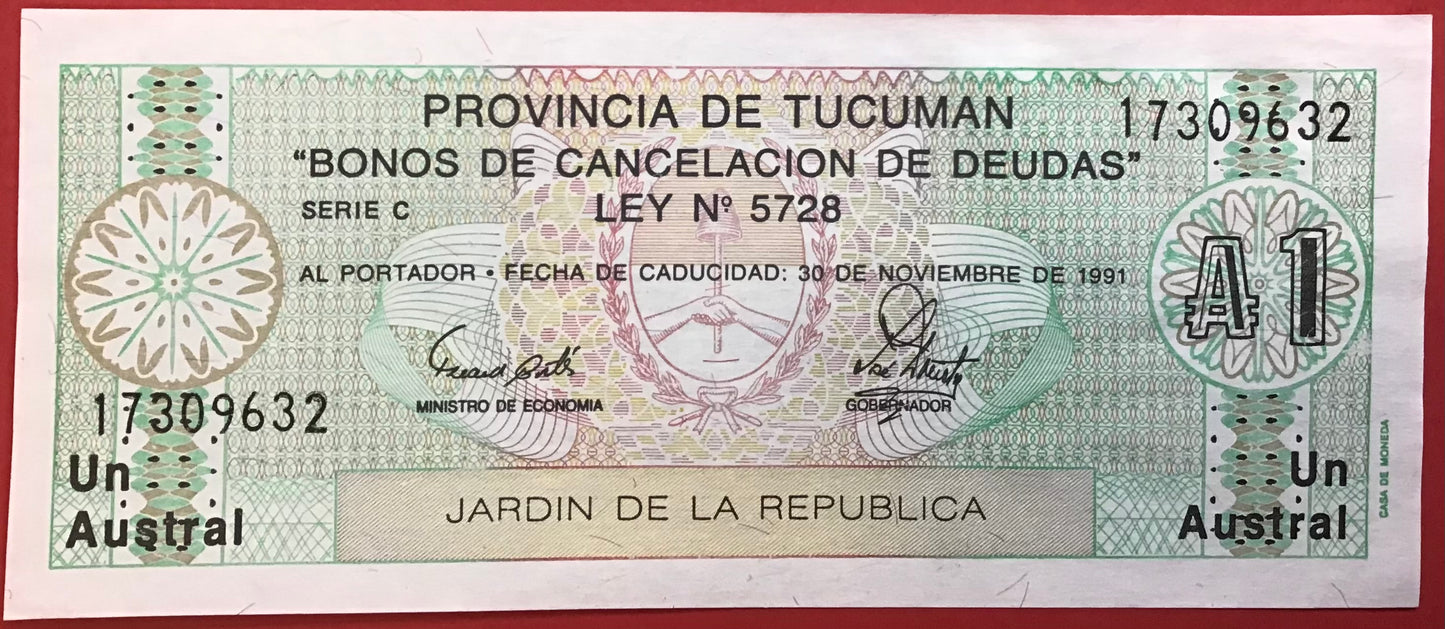 Argentina/Provincial De Tucuman - Un Austral 30.11.1991 P#S2711b Kvalitet 1+/01