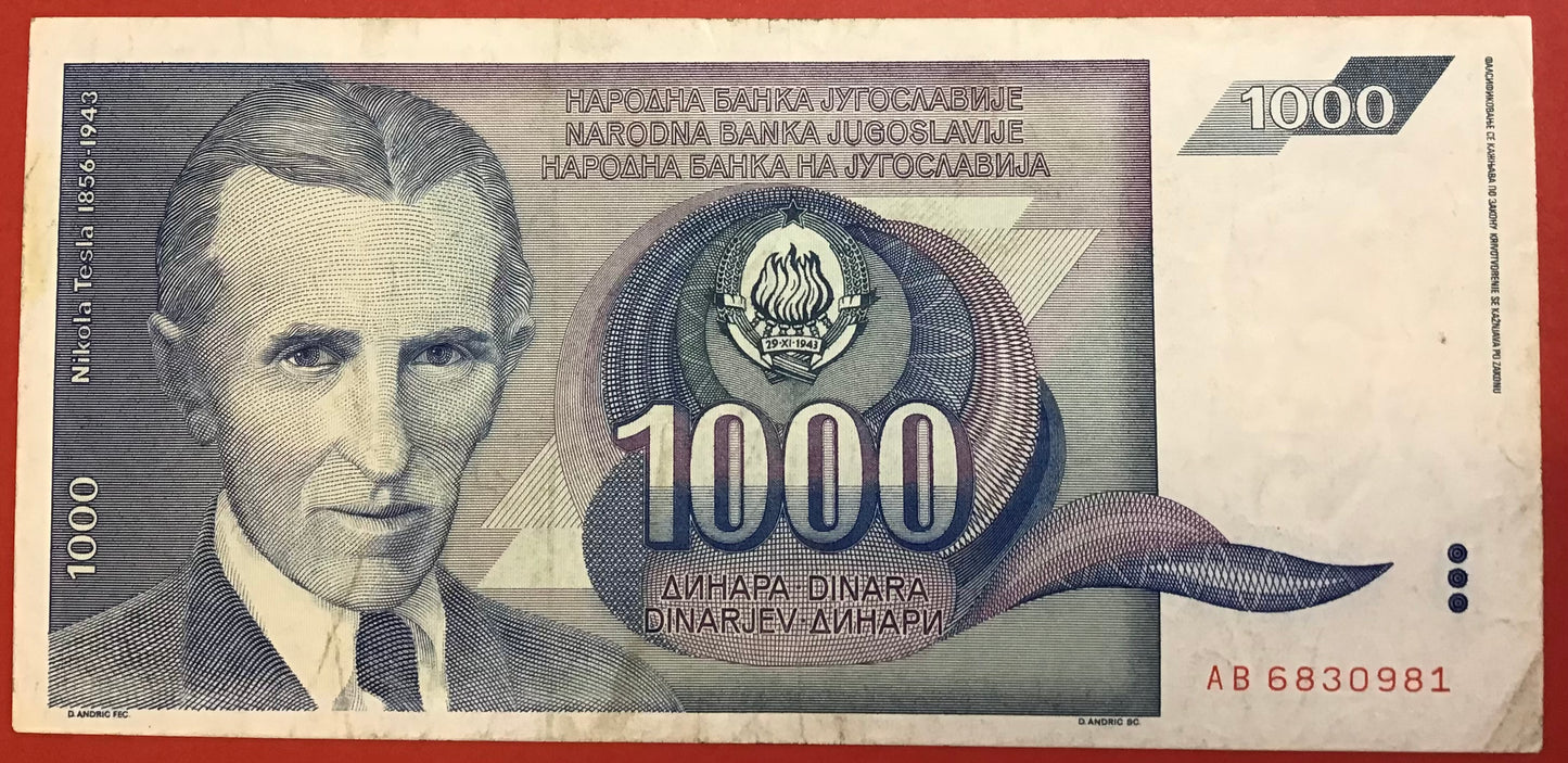 Yugoslavia - 1000 Dinara 1991 P#110 Kvalitet 1+