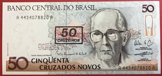 Brazil - 50 Cruzeiros on 50 Cruzados Novos (1990) P#223 Kvalitet 0
