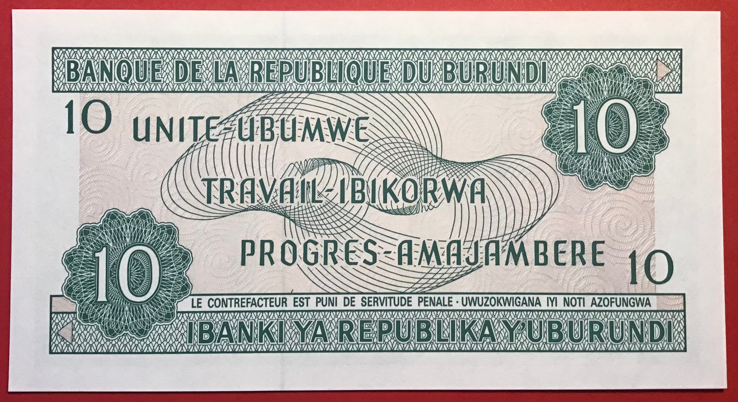 Burundi - 10 Francs 1.10.1991 P#33b Kvalitet 0