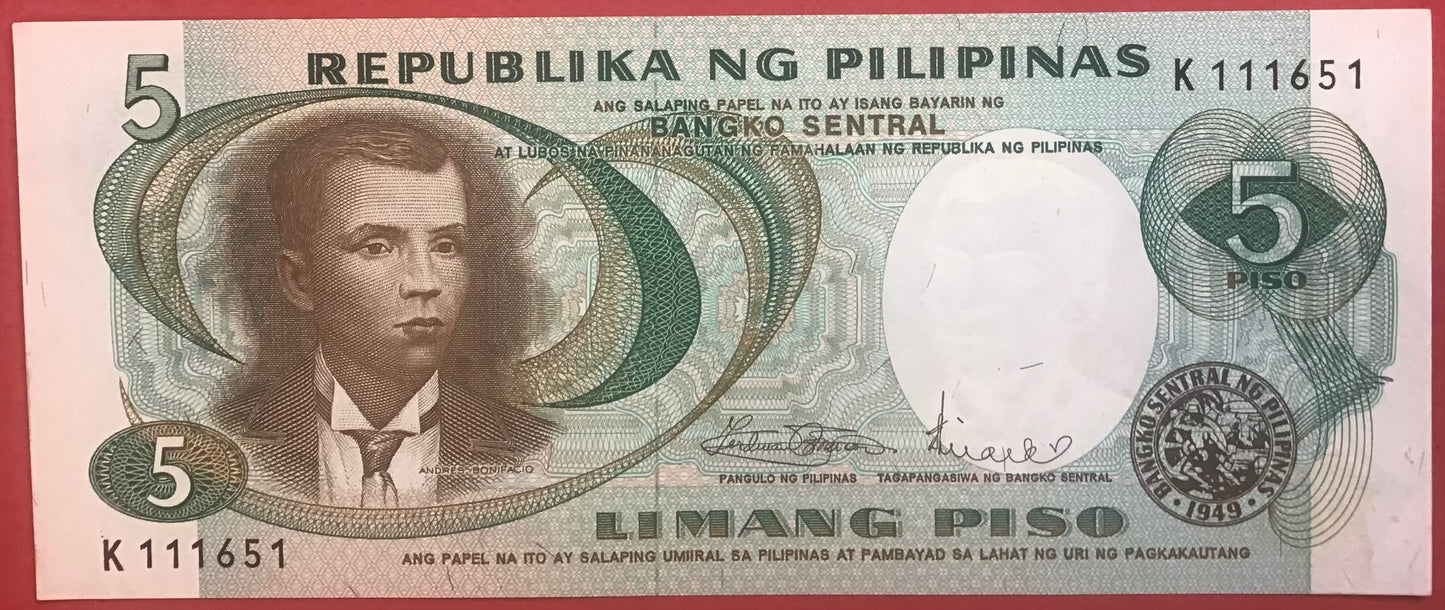 Philippines - 5 Piso (1969) P#143b Kvalitet 01/0